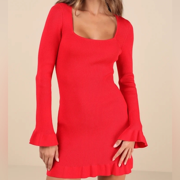 Lulus Dresses & Skirts - Cozy Outlook Red Long Sleeve Sweater Mini Dress NWT